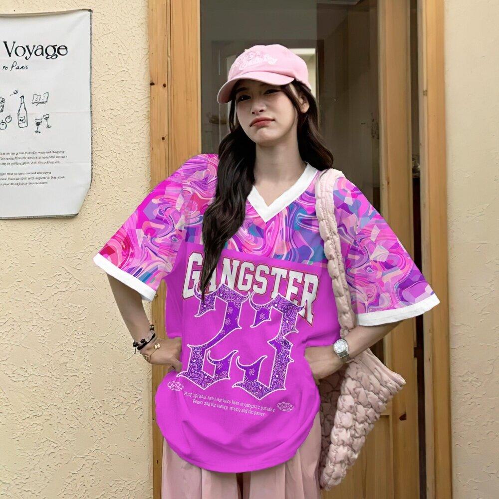 Korean women's T-shirt V-neck short sleeved top with digital pattern printed women's Jersey T-shirt