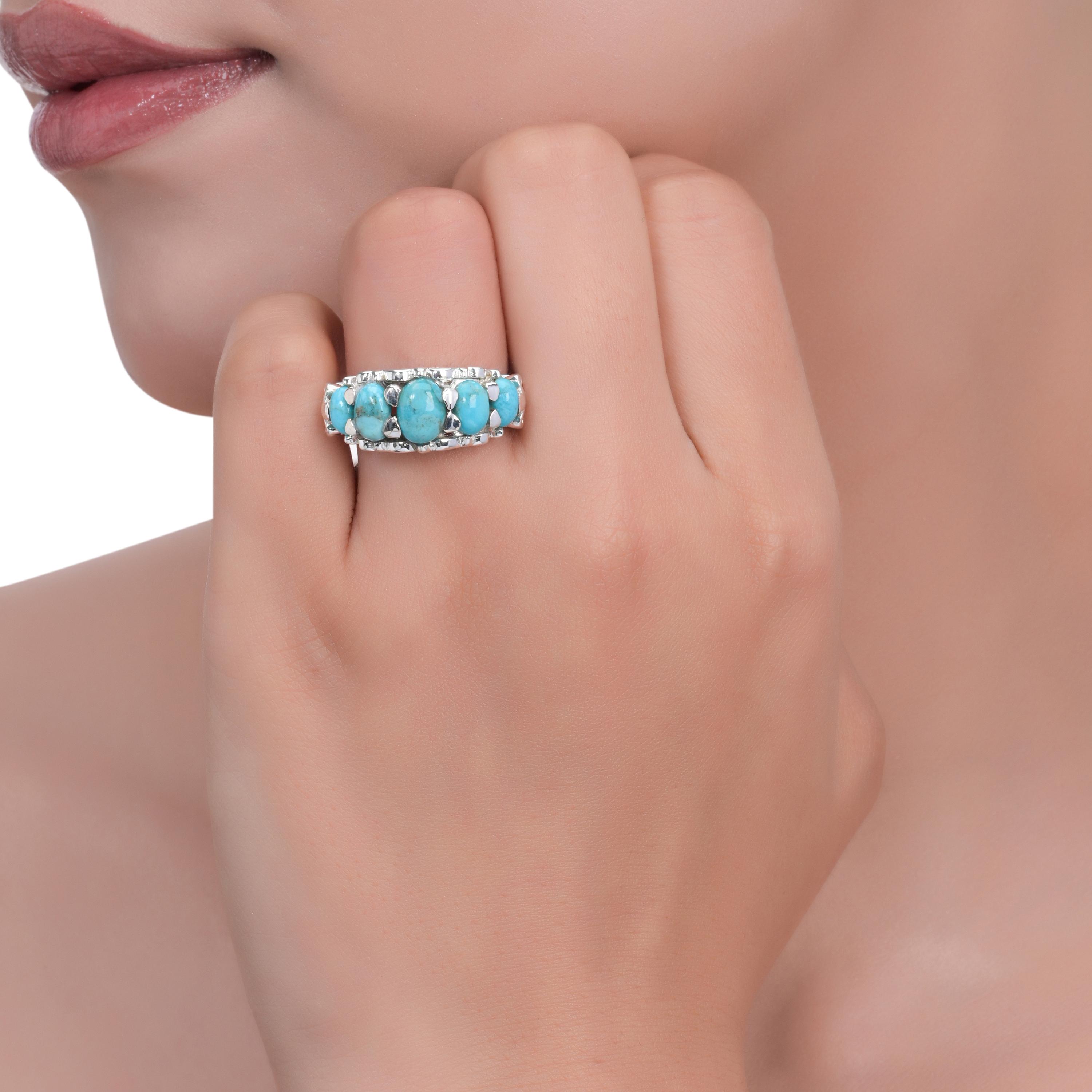 

925 Sterling Silver Multi-Stone Ring for Women – Handmade Turquoise or Rainbow Moonstone Band Ring, Statement Ring for Her US 4 синій