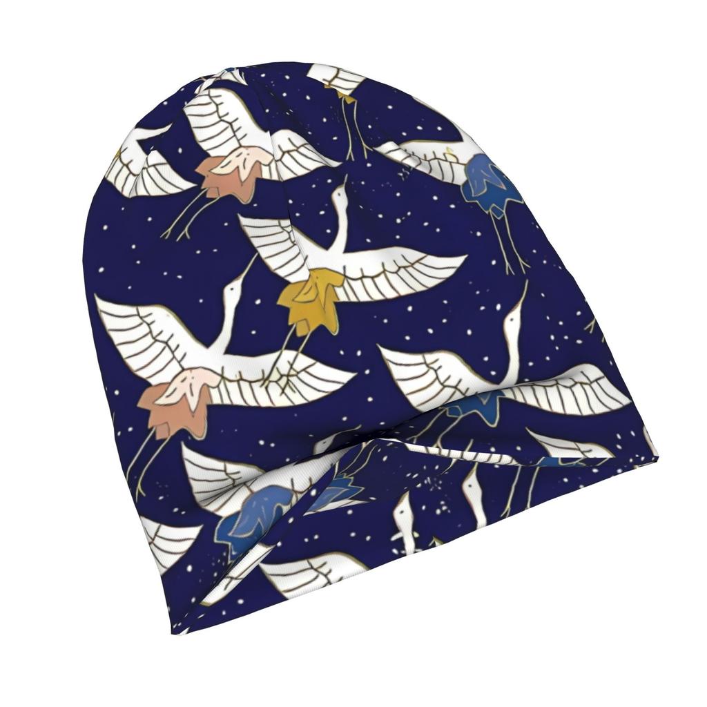 Asian Art Flying Birds In Midnight Blue Sky Minimalist Knit Hat Designed for Adults Who Enjoy Quiet Style Complements Neutral Tones and Effortless Out