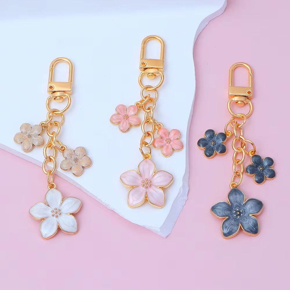 Alloy Cherry Blossom Keychain Enamel Coating Cute Bag Charm Durable Pearl Drop Keyring For Women