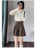 Women's High-Waist Khaki A-Line PU Leather Shorts, Autumn/Winter 2024, Wide-Leg Bootcut Casual Wear