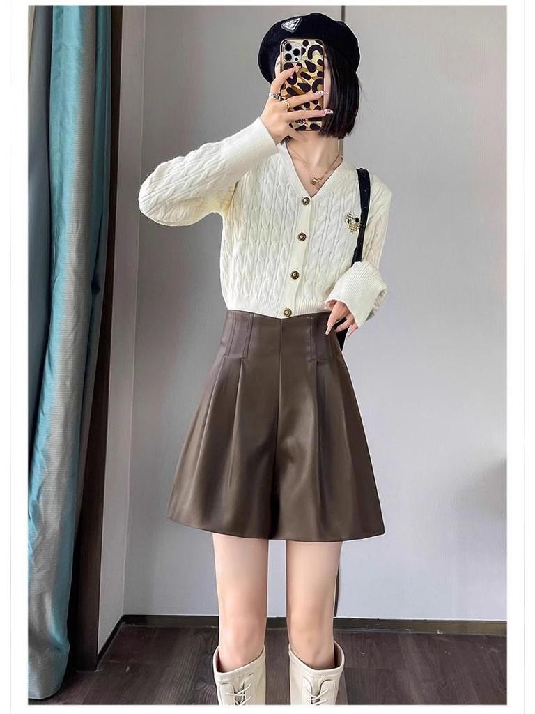 Women's High-Waist Khaki A-Line PU Leather Shorts, Autumn/Winter 2024, Wide-Leg Bootcut Casual Wear