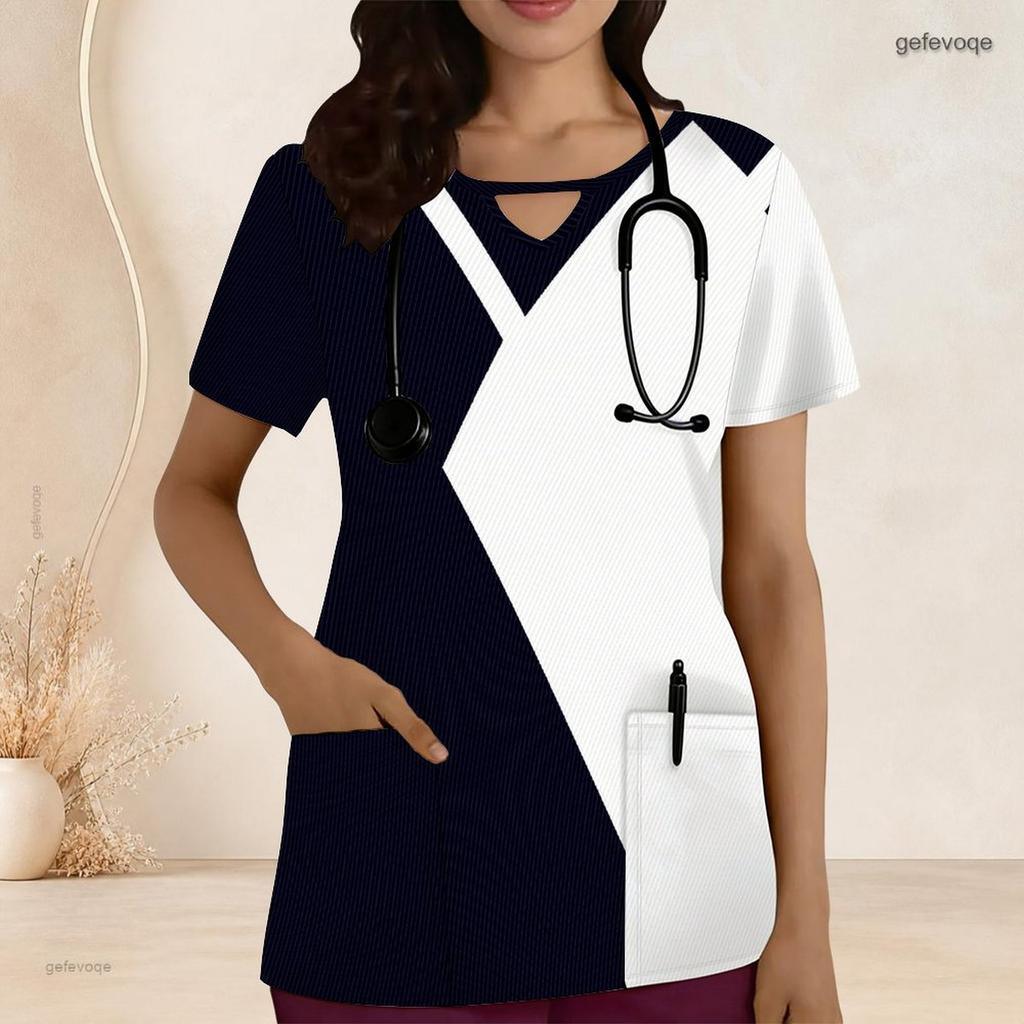 Women Plus Size White Floral Printed Scrub Top Keyhole Neck Short Sleeve With Front Pockets