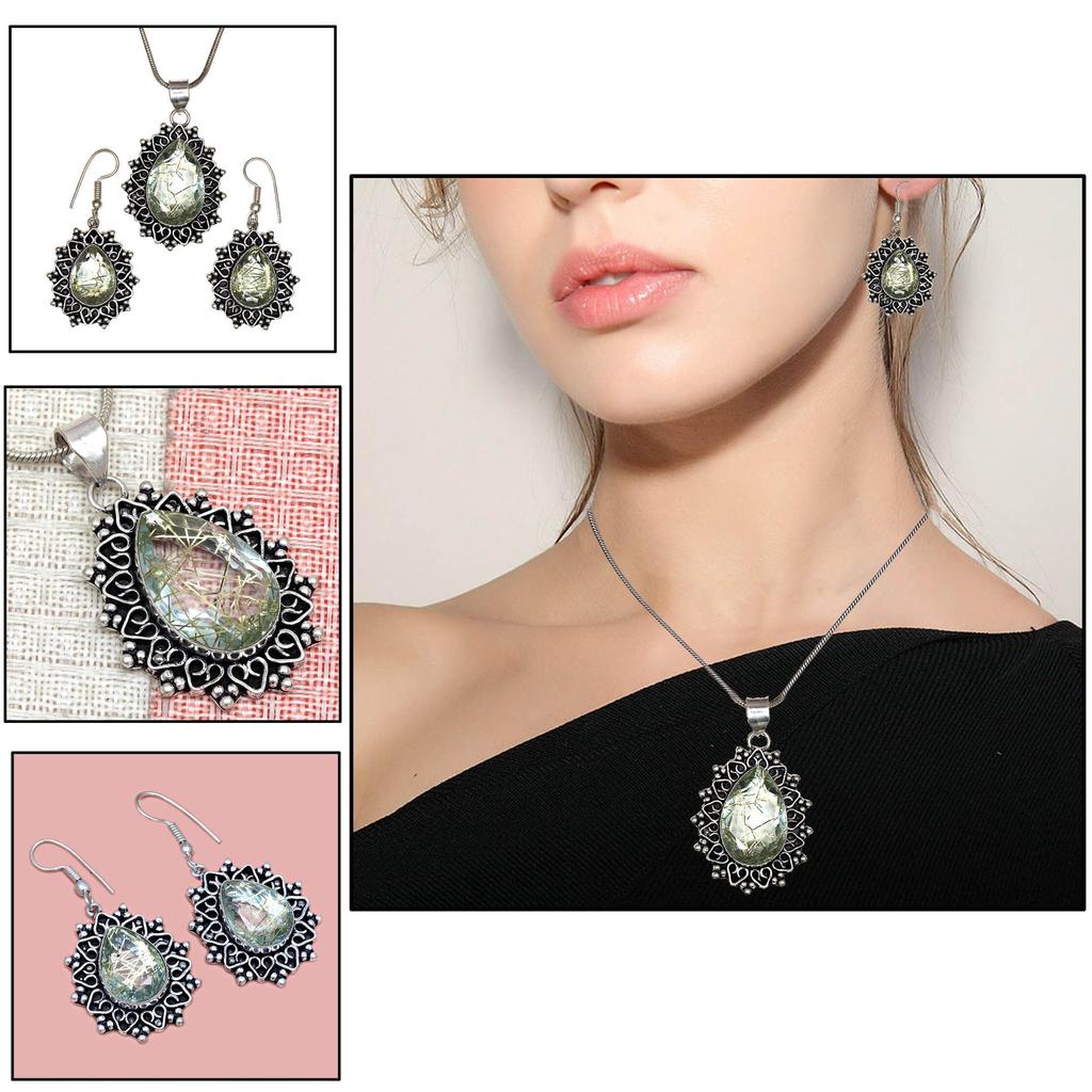 Rutile  Golden Set Earring Jewelry 18-20'' Pendant Quartz Sterling
