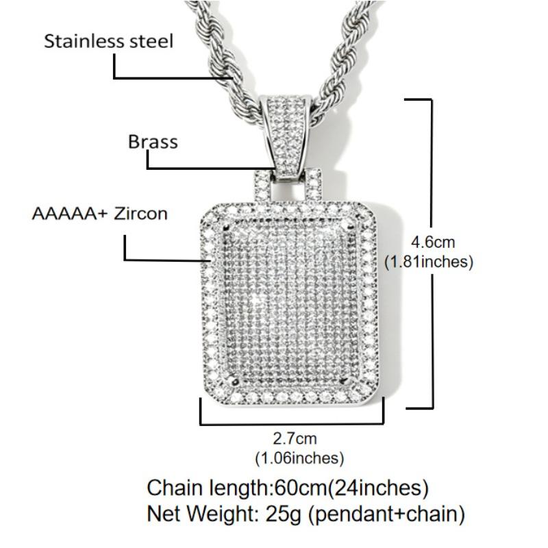 Explosive Copper Inlaid Zircon Full Diamond Military Brand Necklace, European and American Hip-hop Square Hanging Tag, Men's Trendy Accessory