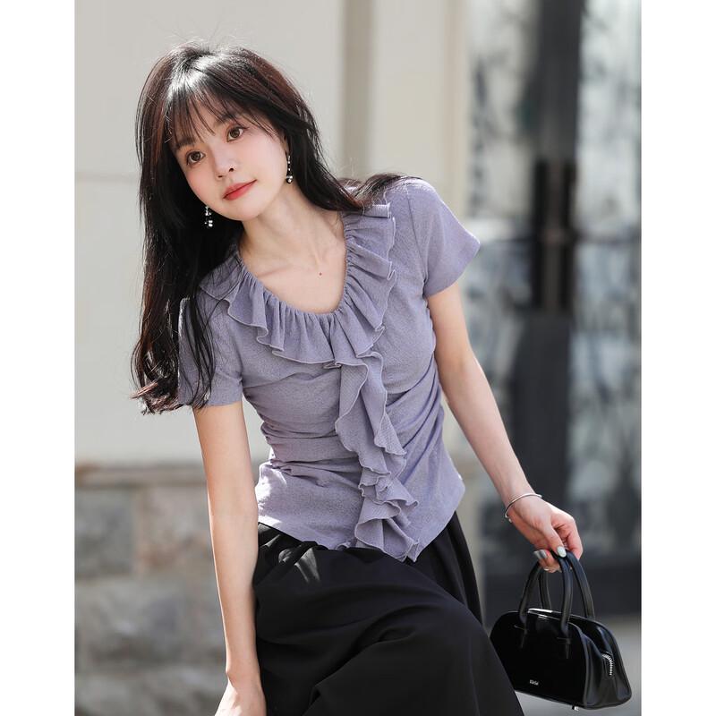 French Romantic Ruffle V-Neck Short Sleeve T-Shirt
