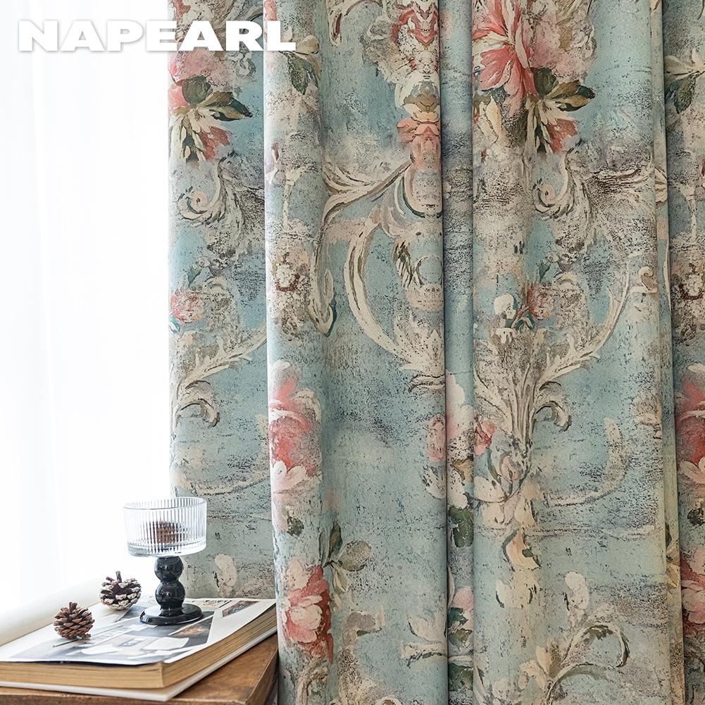 1 Stück NAPEARL Französischer Idyllischer Stil Verdunkelungsvorhänge Blauer Grund Pfingstrosenmuster Vorhänge Dicke Vorhänge für Schlafzimmer Wohnzimmer Fenster für Heimdekoration