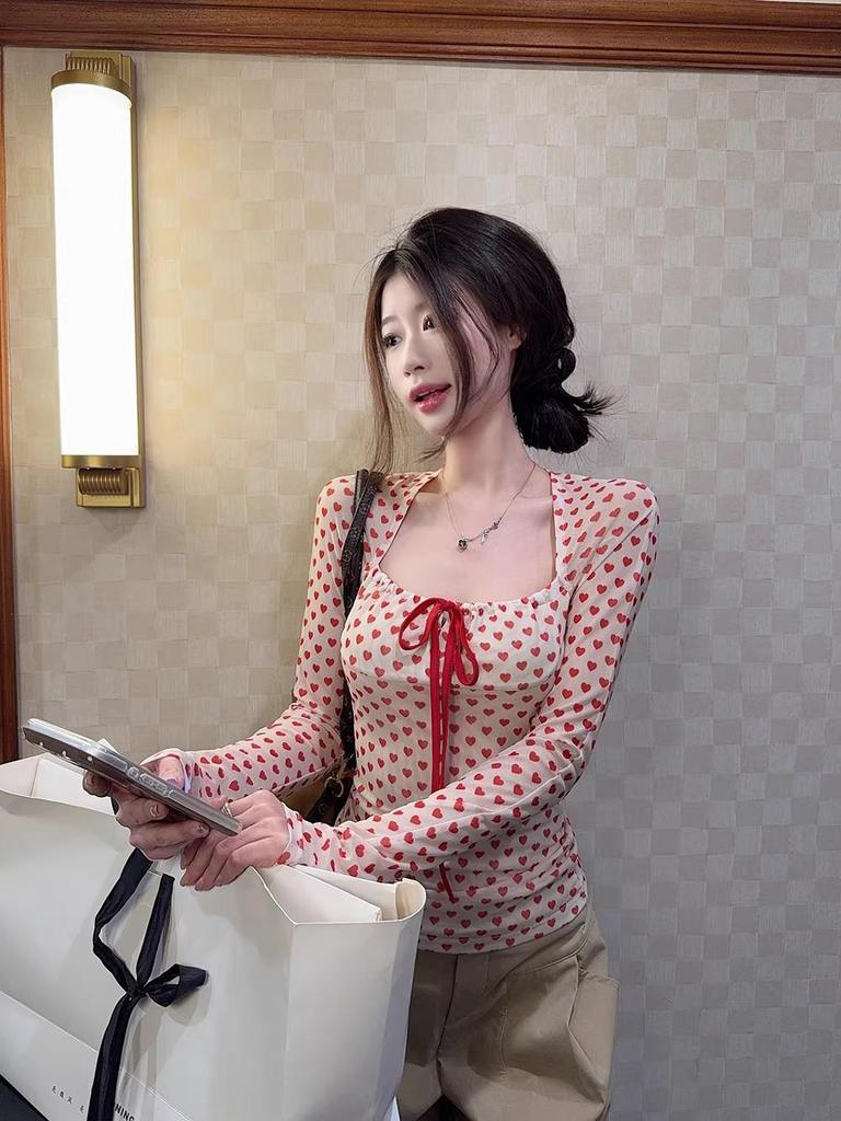 Korean Pink Heart Polka Dot Square Neck Long Sleeve Tee