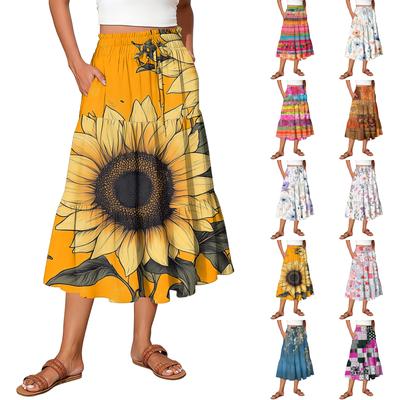 Womens Maxi Skirt Drawstring High Waisted Summer Long Skirts Lightweight Tiered Flowy Floral Pleated Skirts