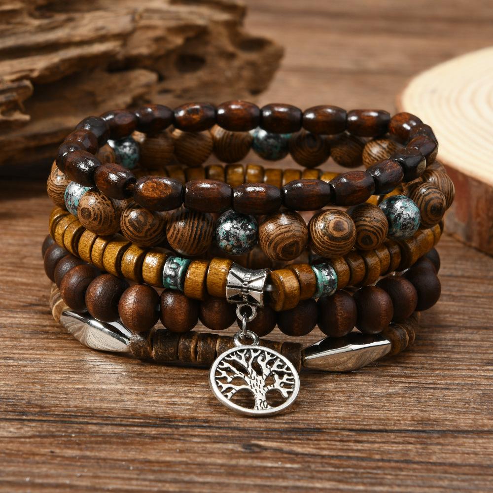 

Элегантный комплект браслетов из бирюзового богемского бисера для женщин, многослойные эластичные деревянные бусины, праздничные украшения, аксессуары