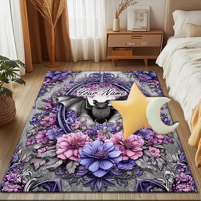 1PC Custom Name Gothic Bat Flowers Theme Floor Mat Ideal for Living Room, Game Rooms, Office, Bedroom Floor Mat Design