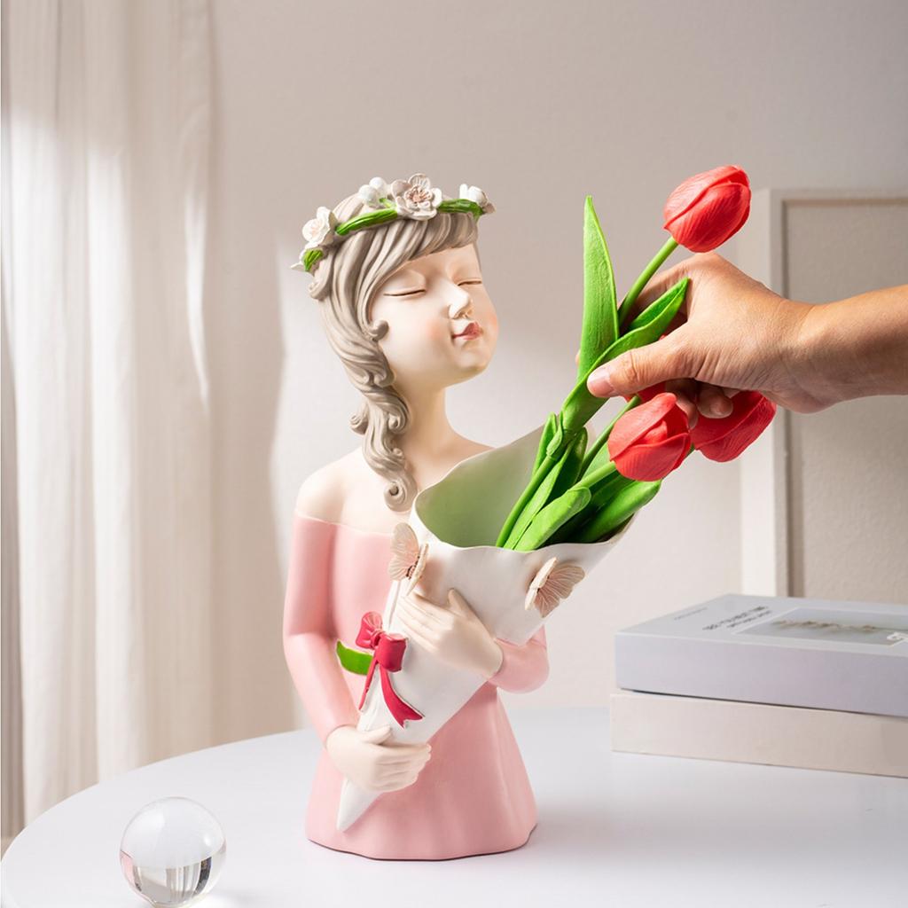Girls Flower Arrangement Decorative Vase Ornaments, Living Room Desktop Resin Crafts