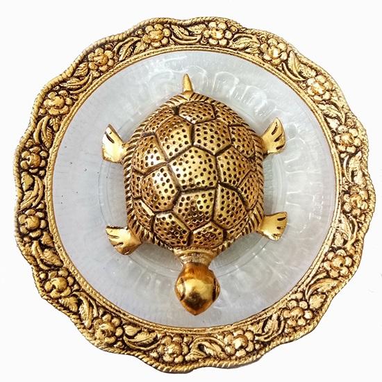 Brass, Glass Feng Shui Tortoise On Plate Showpiece 13.97 cm