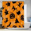 Halloween-Duschvorhang mit gruseligen Motiven für Badezimmerdekor, orange-schwarzes Farbschema, Hexe Fledermäuse Geister Kürbisse Pat