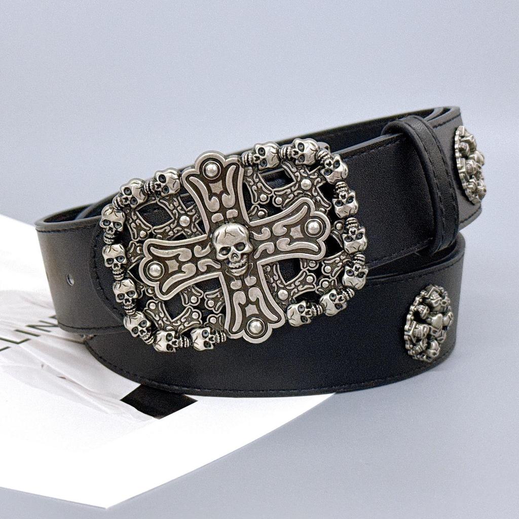 Cintura Nera in Pelle Punk Teschio Stile Strada Americano
