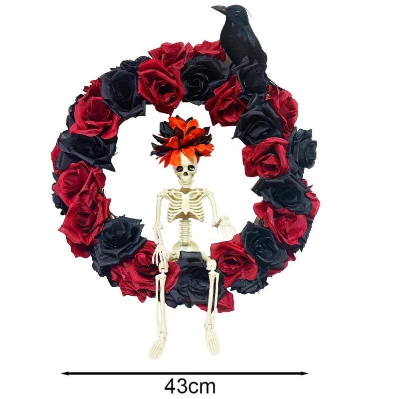 Halloween Skull Wreath With Red Roses Crow Decorations Party Home Door Wall Display