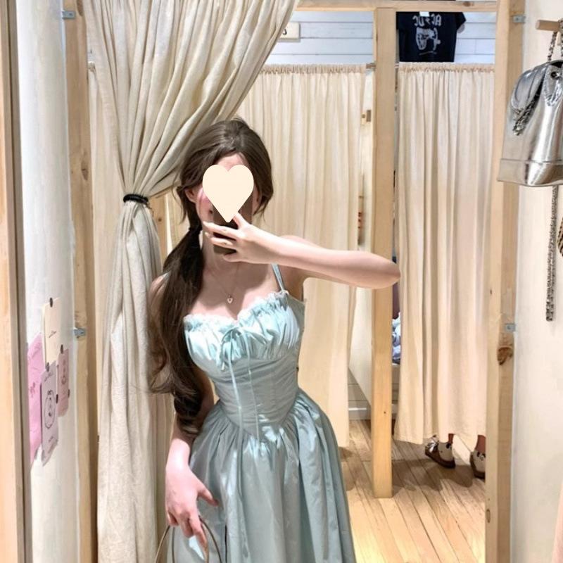 Mint green sexy halter strap suspender dress women's summer seaside vacation waist temperament long skirt