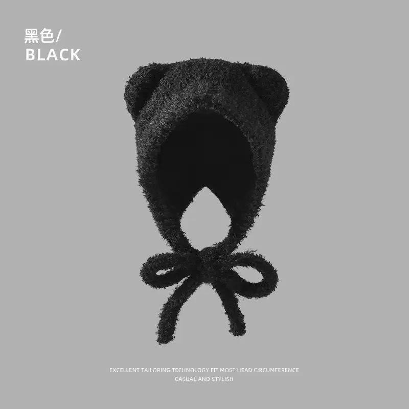 Winter Handmade Fashion Fringed Ball Wool Hat Thickened Thermal Bald Hat Women's Ear Protectors Straps Knitted Hat Tide