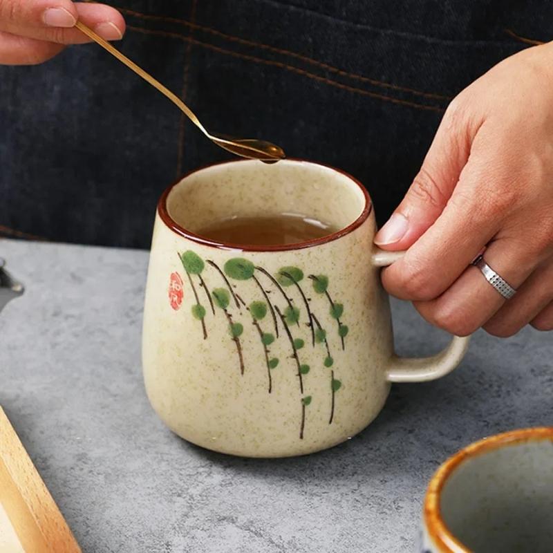 350ml Japanese Retro Ceramic Coffee Cup Set with Lid Spoon Heat Resistant for Milk Tea Breakfast Office Home Gift