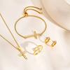 Stylish Christian Cross Jewelry Set, Women's Necklace Bracelet Earrings Ring 4pc for Birthday Christmas Baptism Gift