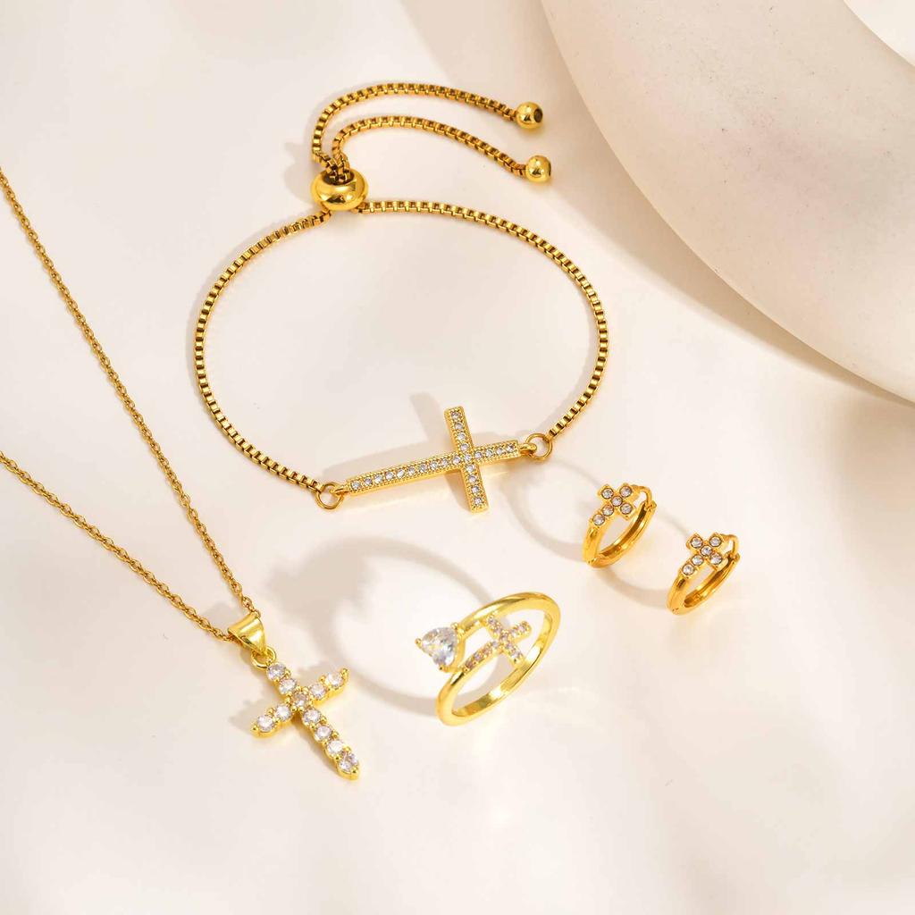 Stylish Christian Cross Jewelry Set, Women's Necklace Bracelet Earrings Ring 4pc for Birthday Christmas Baptism Gift