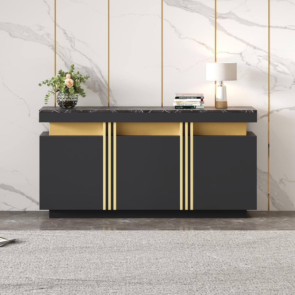 Sideboard Küchenschrank Aufbewahrungsschrank 3 Türen Moderne Buffetschrank Arbeitsplatte Verstellbares Regal Esszimmerschrank Marmoroptik Schwarz