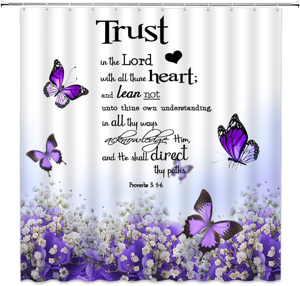 Purple Floral Butterfly Shower Curtain Inspirational Quotes Spring Flower Romantic Valentine's Day Belief Gospel Violet Rose