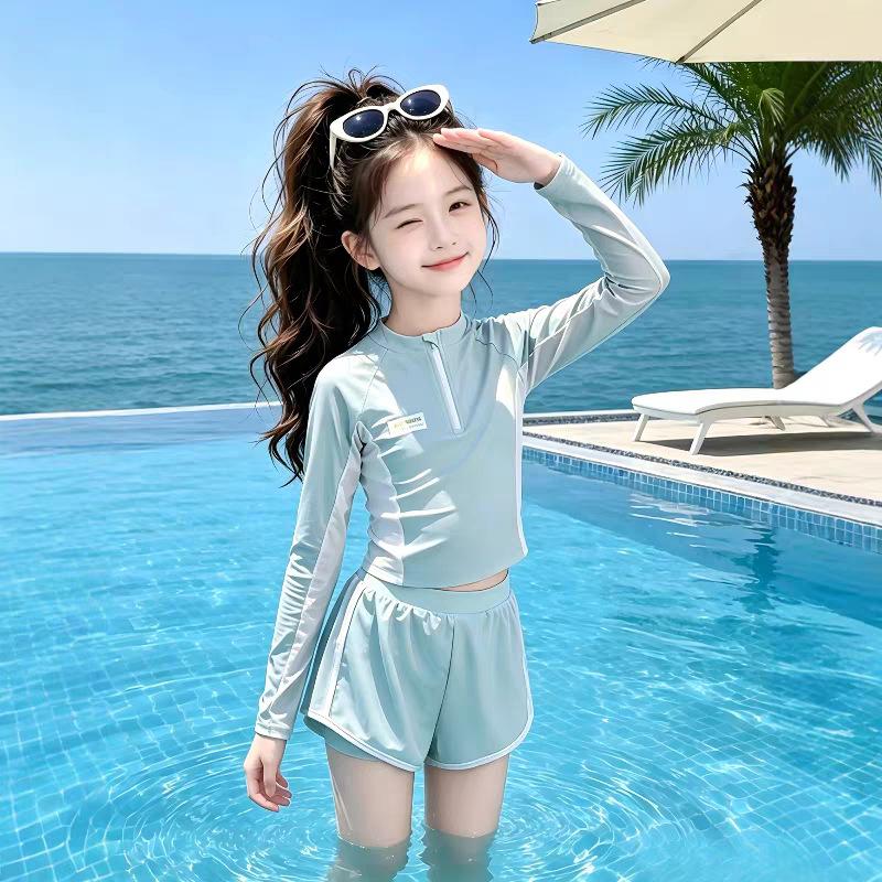 Girls Long Sleeve UV Protection Two Piece Swimsuit Set Middle Big Kids Beach Spring Swimming Suit