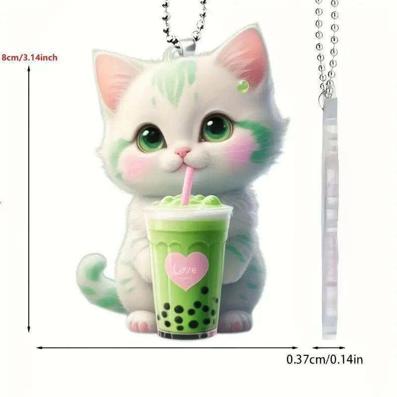 Surface Acrylic Flat Pendant With Cat Drinking Milk Tea Design For Car Interior