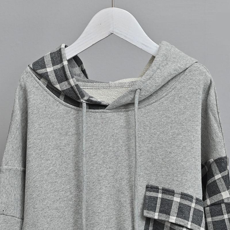 Women's Plus Size Hooded Sweatshirt Korean Style Loose Plaid Patchwork Tops Oversized Casual Autumn Hoodies