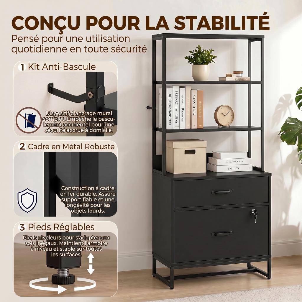 Filing Cabinet with Drawers, Lockable Storage Cabinet with Bookshelf for A4, Letter and Legal Formats, Black