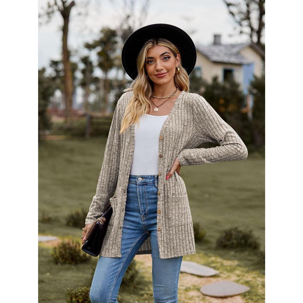 Autumn New Women's Clothing Women's Brushed Pit Stripe Solid Color Long Sleeved Women's Cardigan Jacket