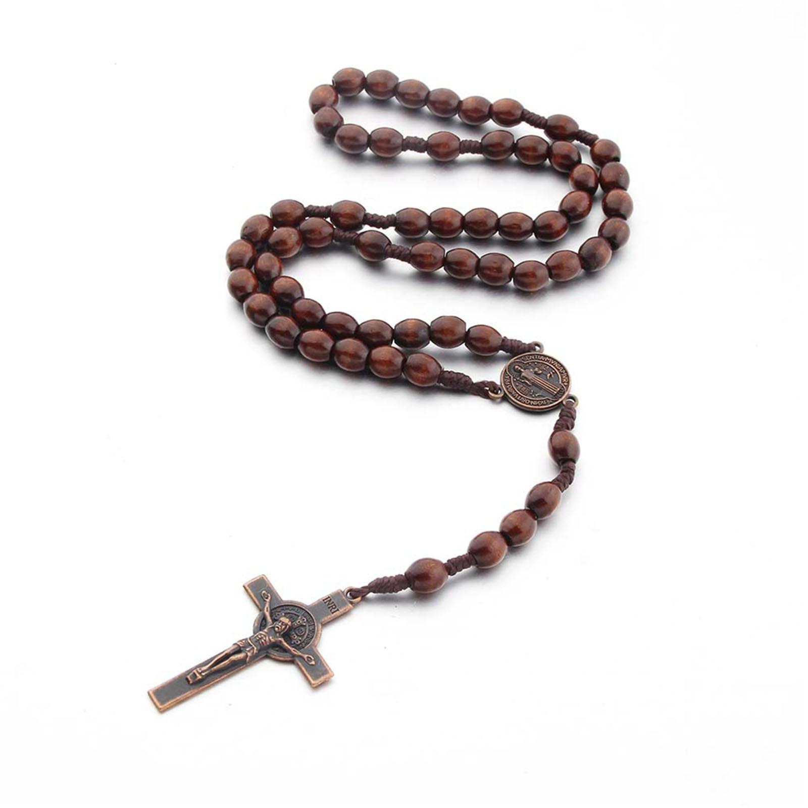 Wooden Beads Rosary Necklaces Christian Religious Cross Pendant Necklaces for Women Men Long Chain Jewelry Gift