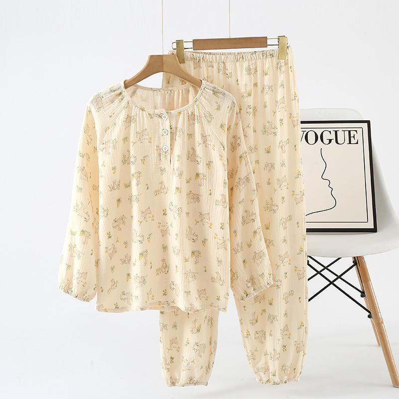 Pajamas Spring and Autumn pure cotton women's long-sleeved trousers thin cotton yarn round neck loose baby cotton Korean pullover loungewear