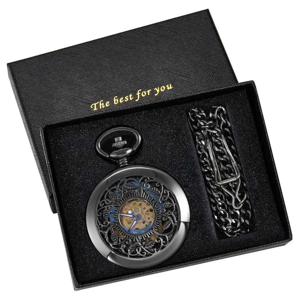 Black Vintage Skeleton Engraved Mechanical Pocket Watch with Chain Fashion Men Women Hand Winding Blue Roman Numerals Clock