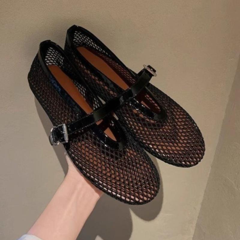 Fashion Flat Single Shoes Women Fashion Round Head Shallow Mouth Mesh Cloth Metal Buckle Soft Sole Non-slip Low-top Shoes