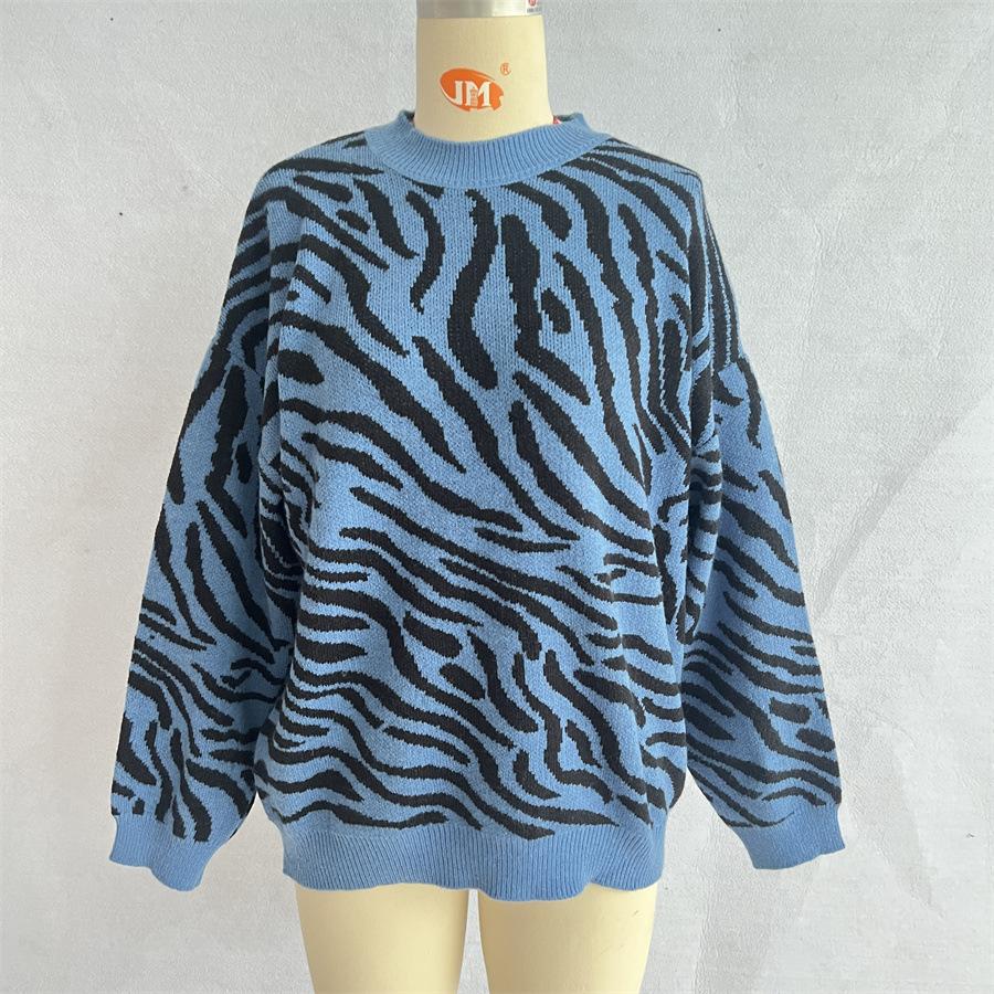 Women's new autumn and winter commuting knitted zebra print contrasting pullover sweater KTB