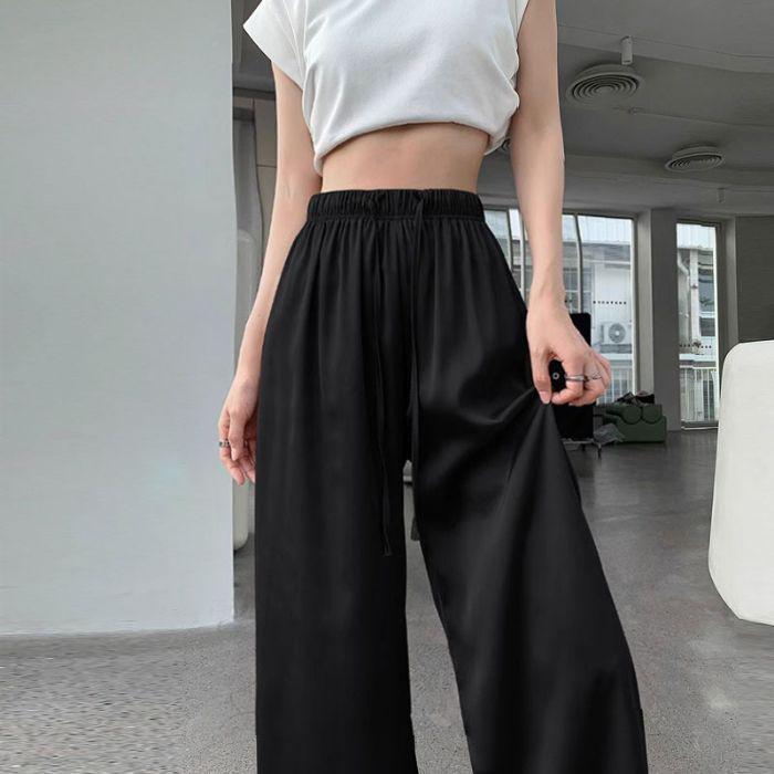 

Женские летние брюки 2025 года из ледяного шелка и сатина с высокой посадкой и широкими штанинами XL чёрный