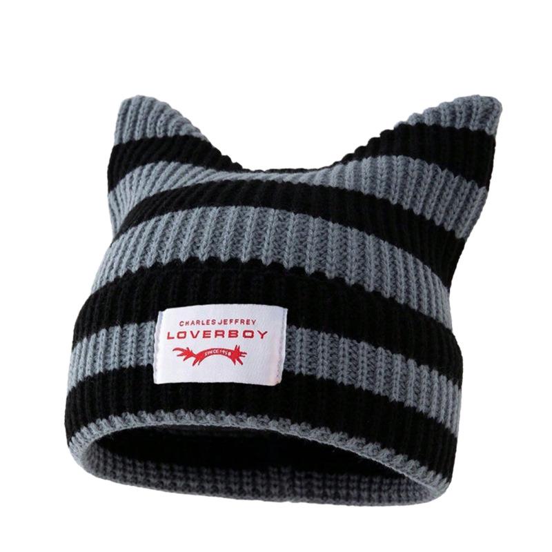 

Korean Style Wool Hat with Cat Ears – Trendy & Warm Knit for Women in Spring & Autumn One Size серый/чёрный