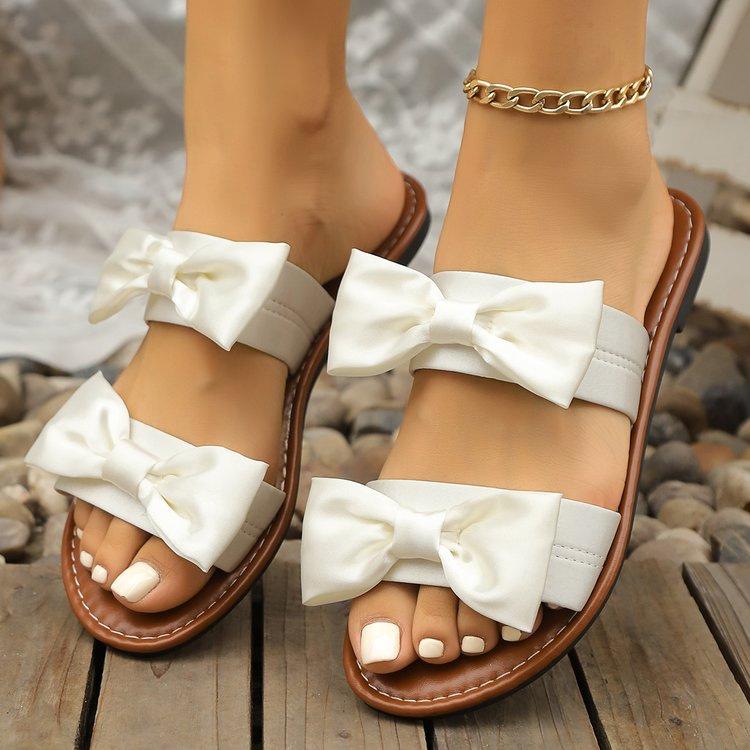 One-word Bow Flat-bottomed Slippers Women's Summer Casual Wear Beach Cool Slippers Women
