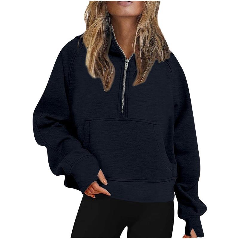 Autumn Winter New Arrival Womens Sports Half Zip Loose Solid Color Versatile Cropped Hooded Fleece Casual Pullover Sweatshirt