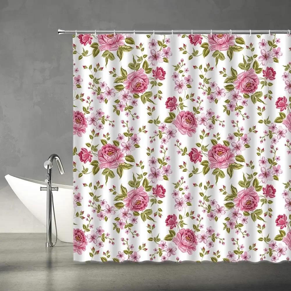 Purple Flowers Shower Curtain Abstract Chrysanthemum Gray Background Autumn Plant Fabric Bathroom Decor Curtains Sets with Hooks