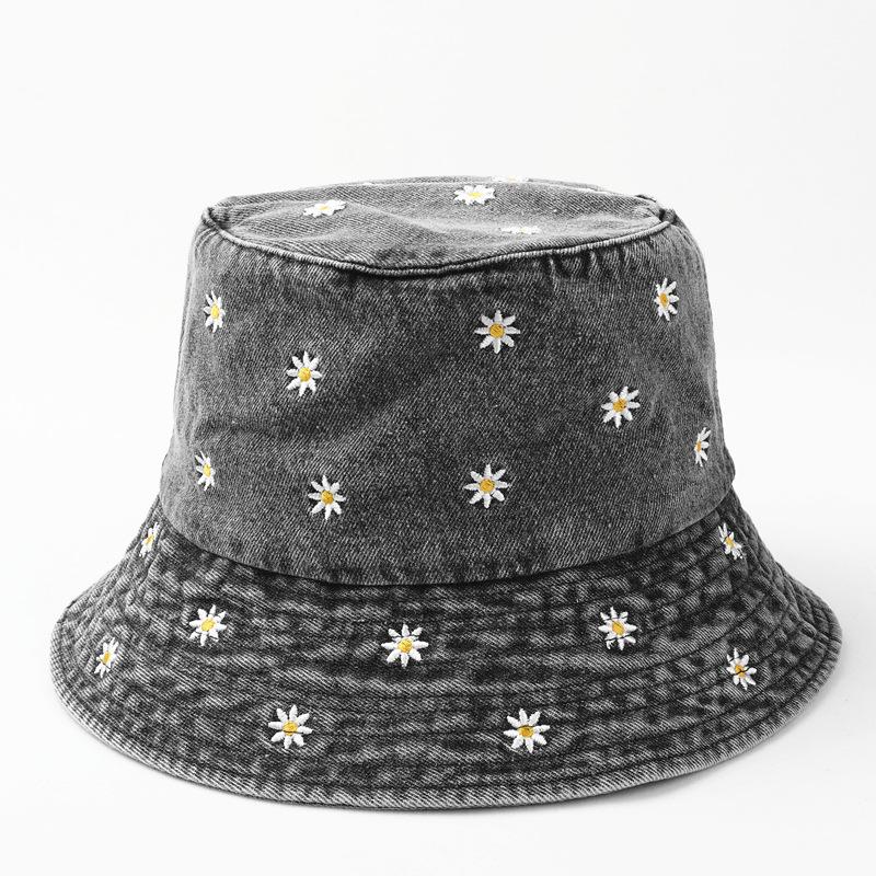 Vintage Washed Distressed Daisy Embroidery Bucket Hat Fisherman Cap - Casual, Relaxed Fit, Summer Fashion Accessory for Women