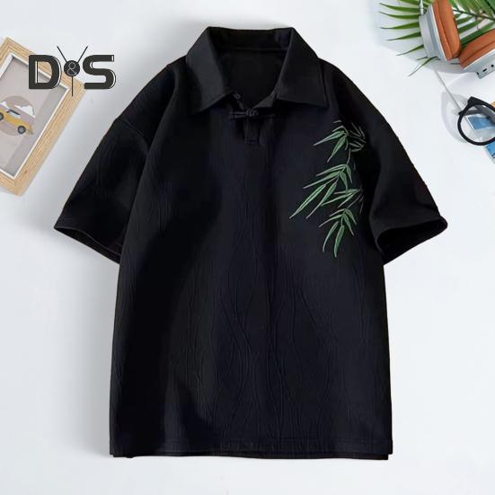 Men's Chinese Style T-Shirt Short Sleeve Lapel Tee Shirt Retro Loose Fit T-Shirt with Bamboo Embroidery Pattern for Daily Wear Street