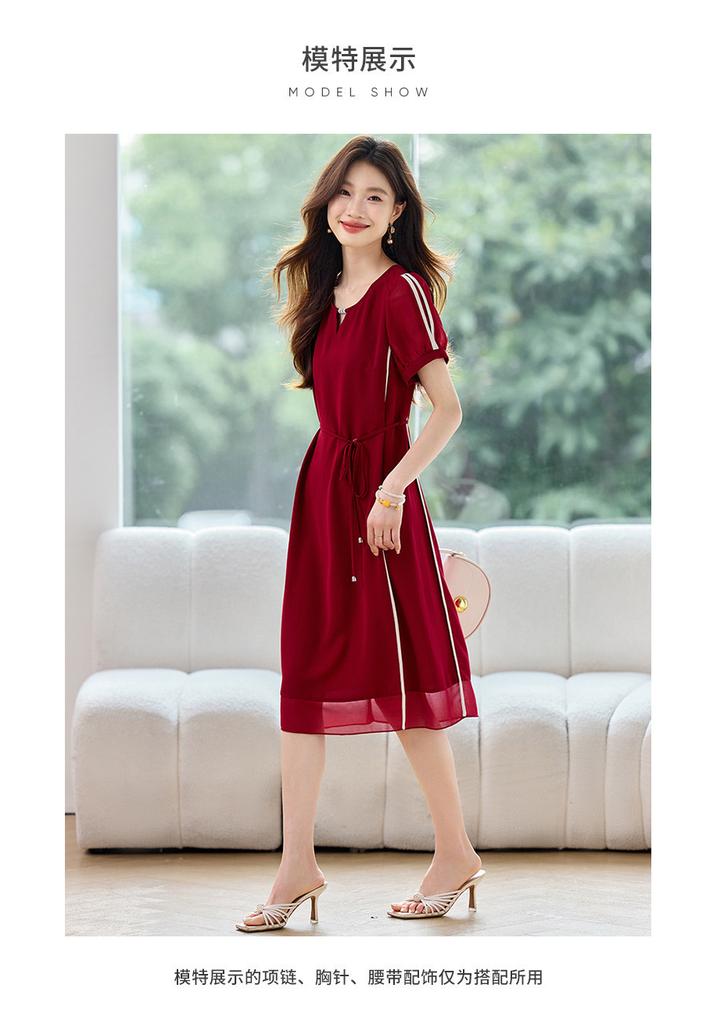 Elegant and Sophisticated Summer New Contrasting Color Waist Slimming Short Sleeved Casual Western-style Mid Length Dress Mid Length Skirt