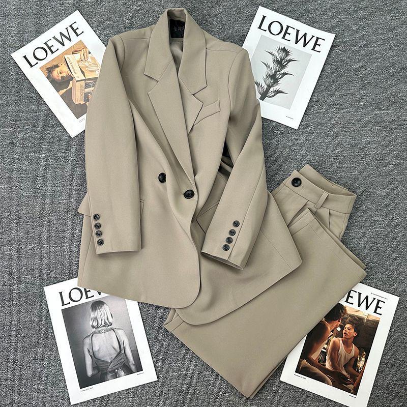 Women's Petite Gray Loose Two-Piece Suit Jacket Set - Early Spring 2025 Casual Blazer