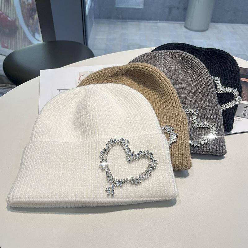 

Autumn and winter Angola rabbit fur wool hat women s fashion simple love rhinestone knitted hat thermal ear protection hat adult average size 55-60cm білий