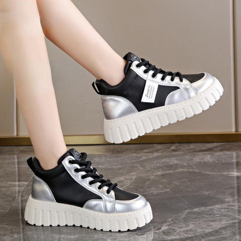 European American Color Blocking High Top Women's Shoes 2024 Spring Autumn Season New High Rise Thick Sole Sports Board Shoes