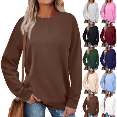Moda feminina cor sólida gola redonda manga comprida solta pulôver moletom top