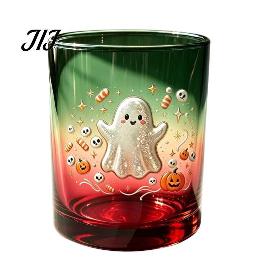 Cute Ghost Drinking Glasses Halloween Glass Cup, Colorful Gradient Aesthetic Tumbler with Whiskey Juice Soda Pumpkin Skull Print, Spooky Party